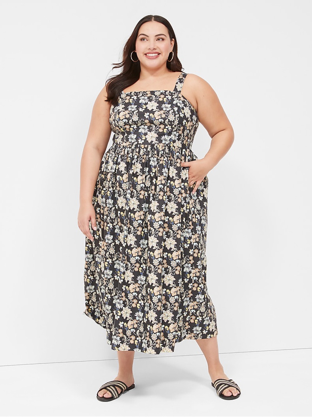 Lane Bryant Black Floral Smocked Midi Dress size 20